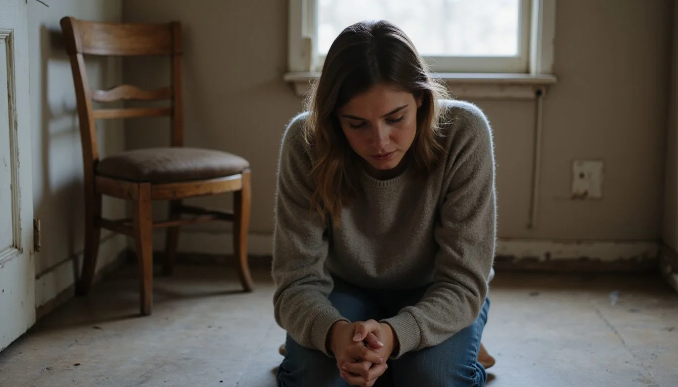 A woman kneels in reflection on a worn hardwood floor.